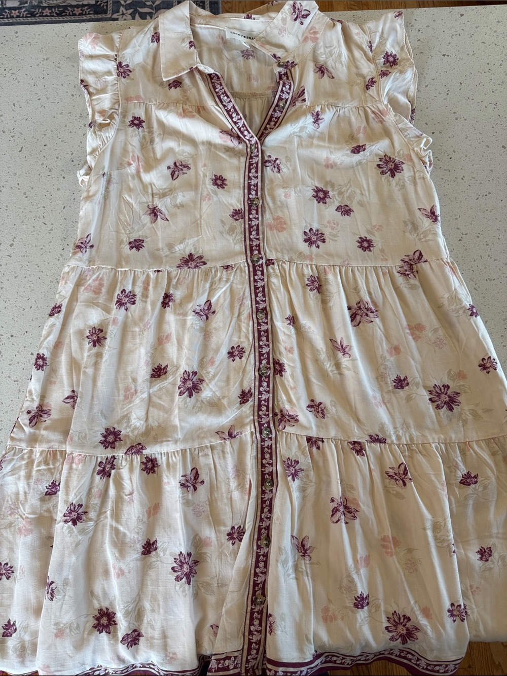 Women’s Floral Tiered Button-Front Dress - Cream with Purple Blossoms